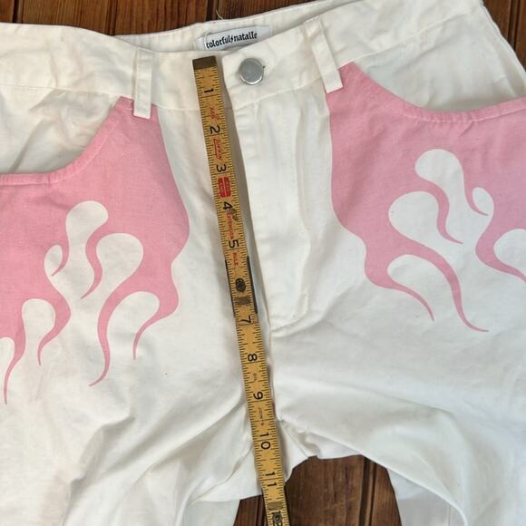 Colorful Natalie White boot leg mid rise Pants with Pink Flame Design - Picture 4 of 8